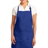 Model wearing Royal Blue full length apron. - Life Has Just Begun