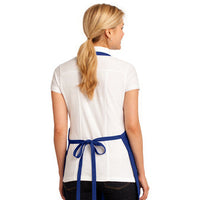 Model rear view of full length bib apron. - Life Has Just Begun