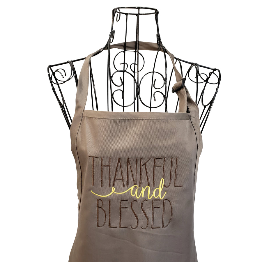 Khaki colored Thankful and Blessed Embroidered Apron - Life Has Just Begun