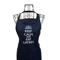 Navy Blue Hanukkah Embroidered Full Length Apron - Life Has Just Begun