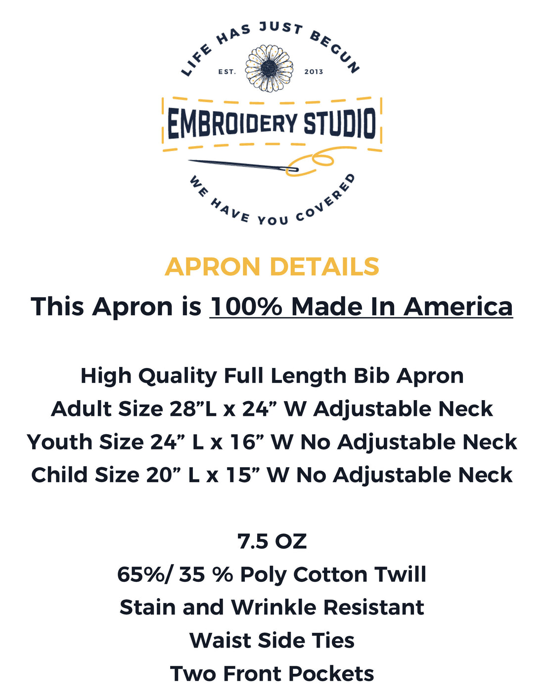 Apron Specifications - Life Has Just Begun